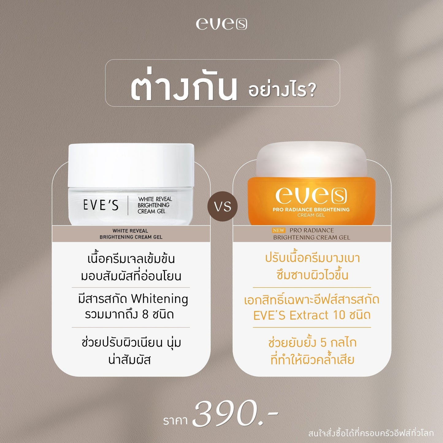 [NEW] EVE'S ครีมเจลอีฟส์  Pro Radiance Brightening Cream Gel ขนาด 20 g. ผิวกระจ่างใสเปร่งปรั่ง เนียนนุ่มชุ่มชื้น