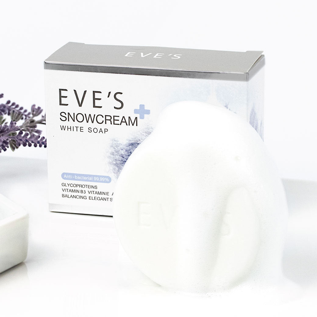 EVES อีฟส์ สบู่อีฟส์ SNOWCREAM WHITE SOAP ลดสิว ผิวขาว ฆ่าเชื้อไวรัส (ANTI BACTERIAL 99.99%)